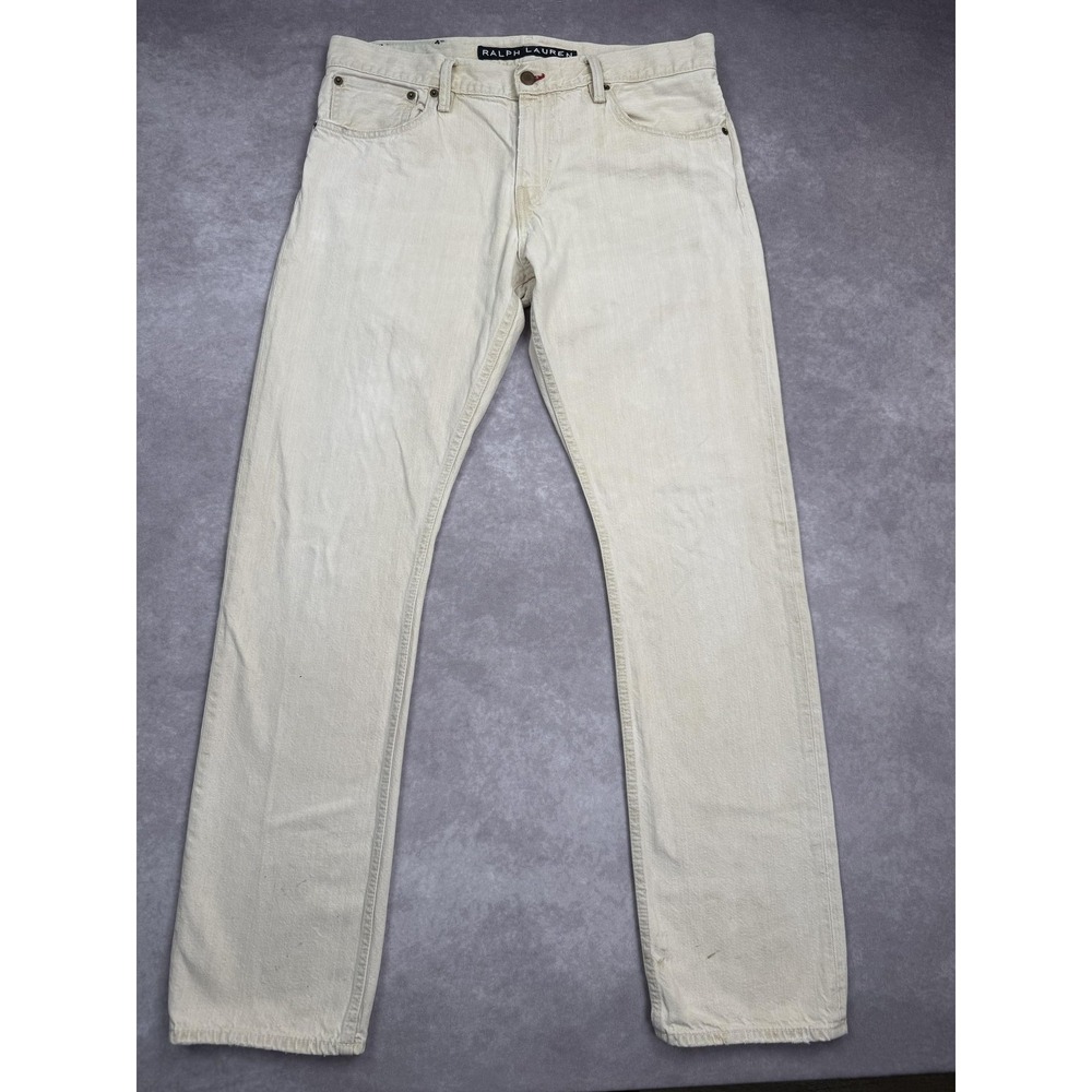 Ralph Lauren Jeans Mens 34x32‎ Beige Straight Leg Pants Distressed Stains Cotton
